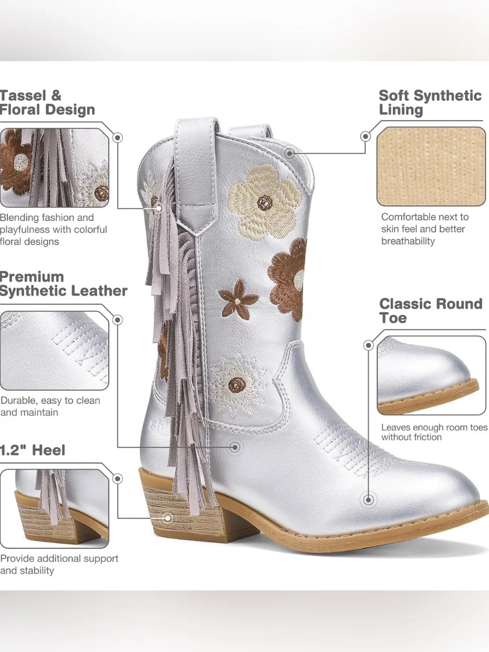 Rollda Silver Floral Embroidered Fringe Western Cowboy Boot Girl’s Size 4